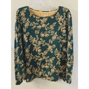 Croft & Barrow XXL Green &Gold Floral Knit Top, Round neck, long sleeves